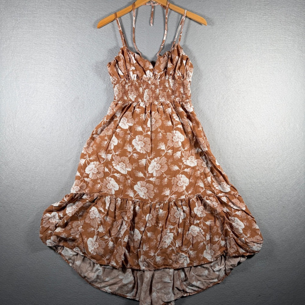Bohme Brown White Floral Smocked High-Low Halter Midi Dress ID31643 Small